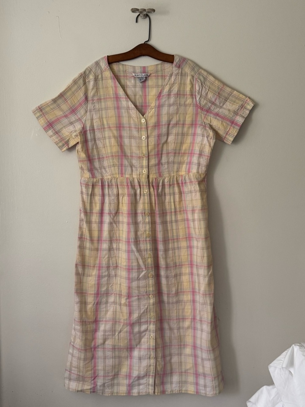 80s/ 90s Pastel Seersucker Button Front Short Sleeve Dress
